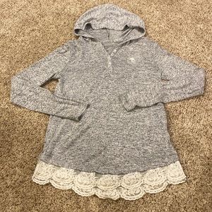 gray lace bottom hooded button up sweater